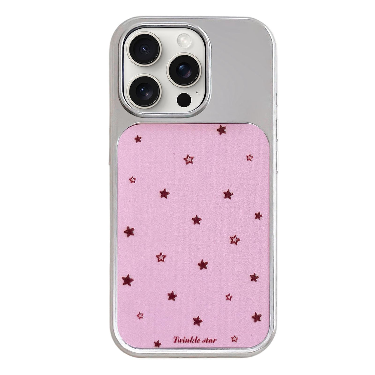 For iPhone 15 Pro Max Electroplated Silver Frame Glitter Embossed Phone Case - Pink Background Stars - EDA009745007J