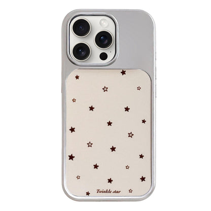 For iPhone 15 Pro Max Electroplated Silver Frame Glitter Embossed Phone Case - Yellow Background Stars - EDA009745007K