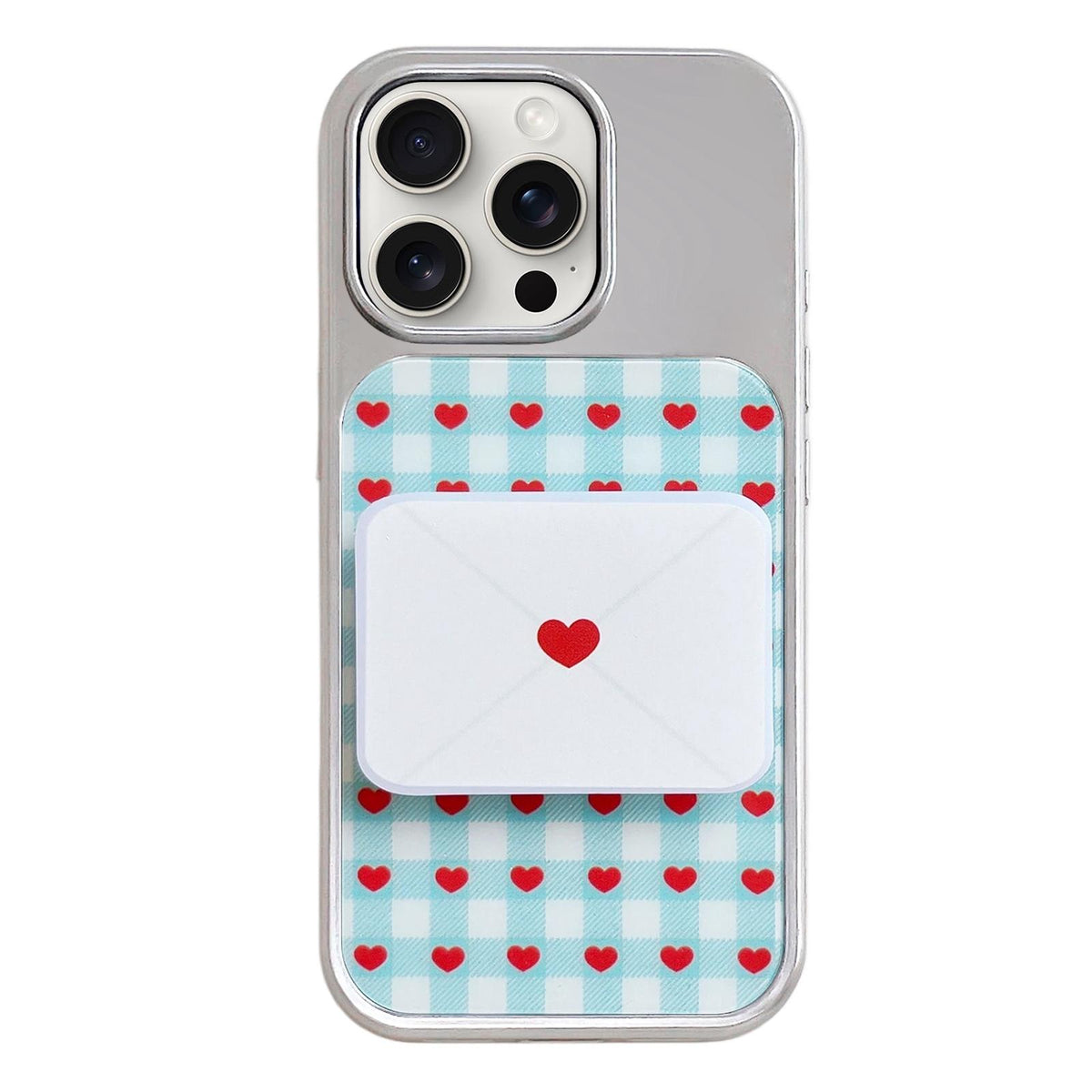For iPhone 15 Pro Max Electroplated Silver Frame Glitter Embossed Phone Case - Plaid Heart - EDA009745007M