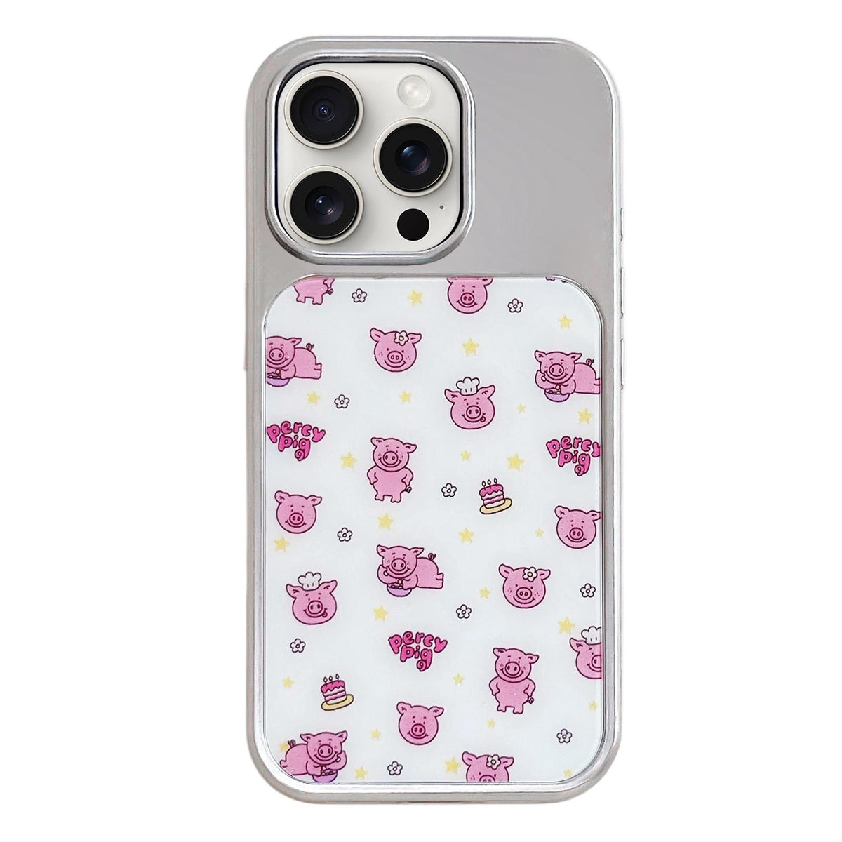 For iPhone 15 Pro Max Electroplated Silver Frame Glitter Embossed Phone Case - Cute Pig - EDA009745007O
