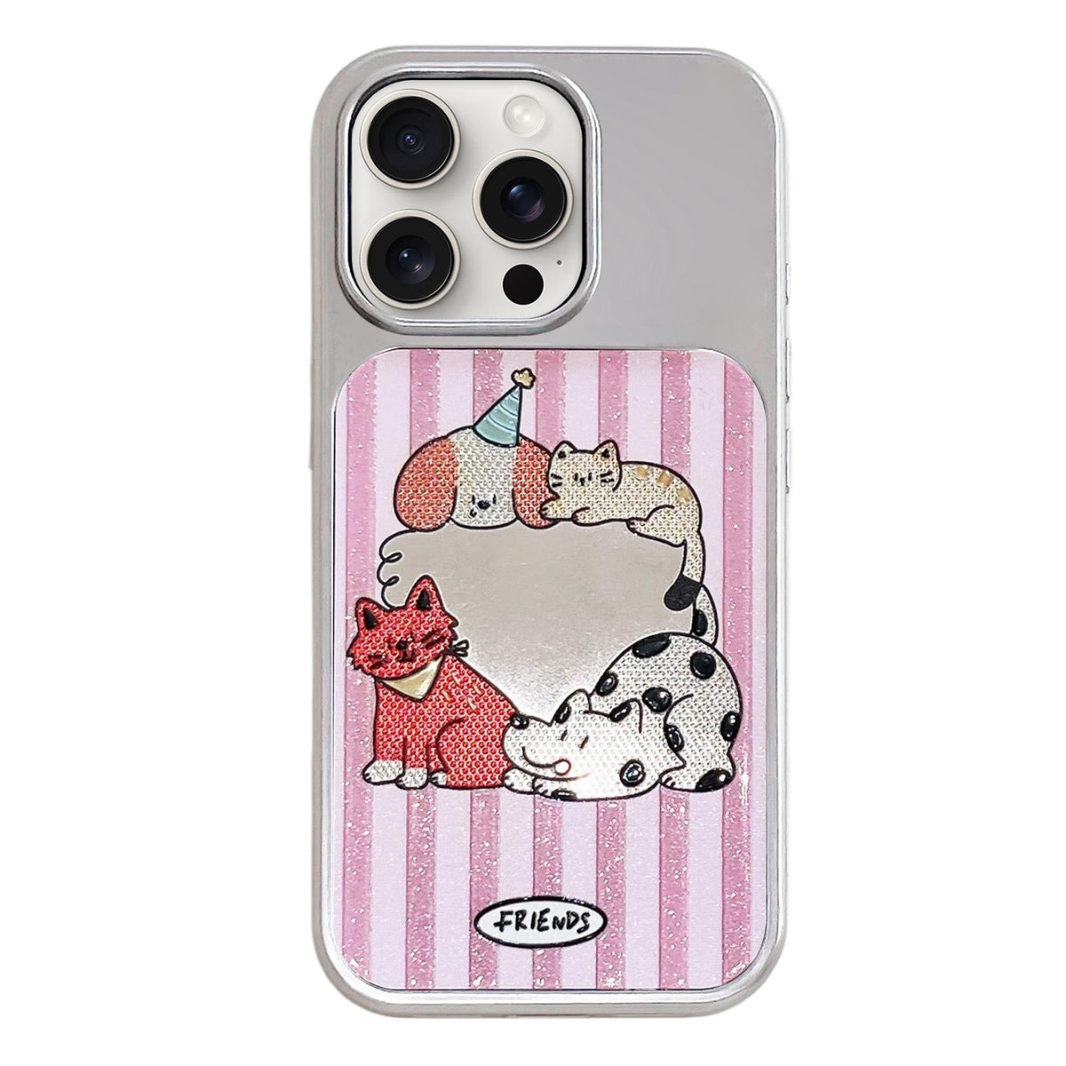 For iPhone 15 Pro Max Electroplated Silver Frame Glitter Embossed Phone Case - Small Animal - EDA009745007P
