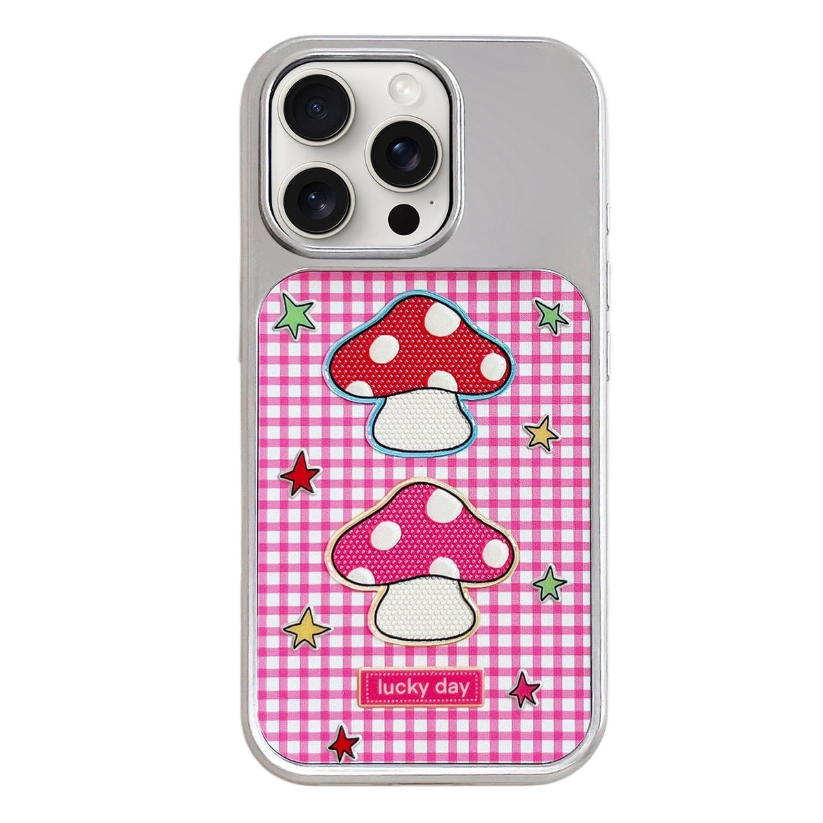 For iPhone 15 Pro Electroplated Silver Frame Glitter Embossed Phone Case - Red Mushroom - EDA009745008C