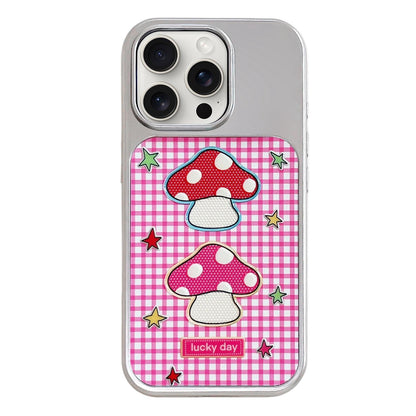 For iPhone 15 Pro Electroplated Silver Frame Glitter Embossed Phone Case - Red Mushroom - EDA009745008C