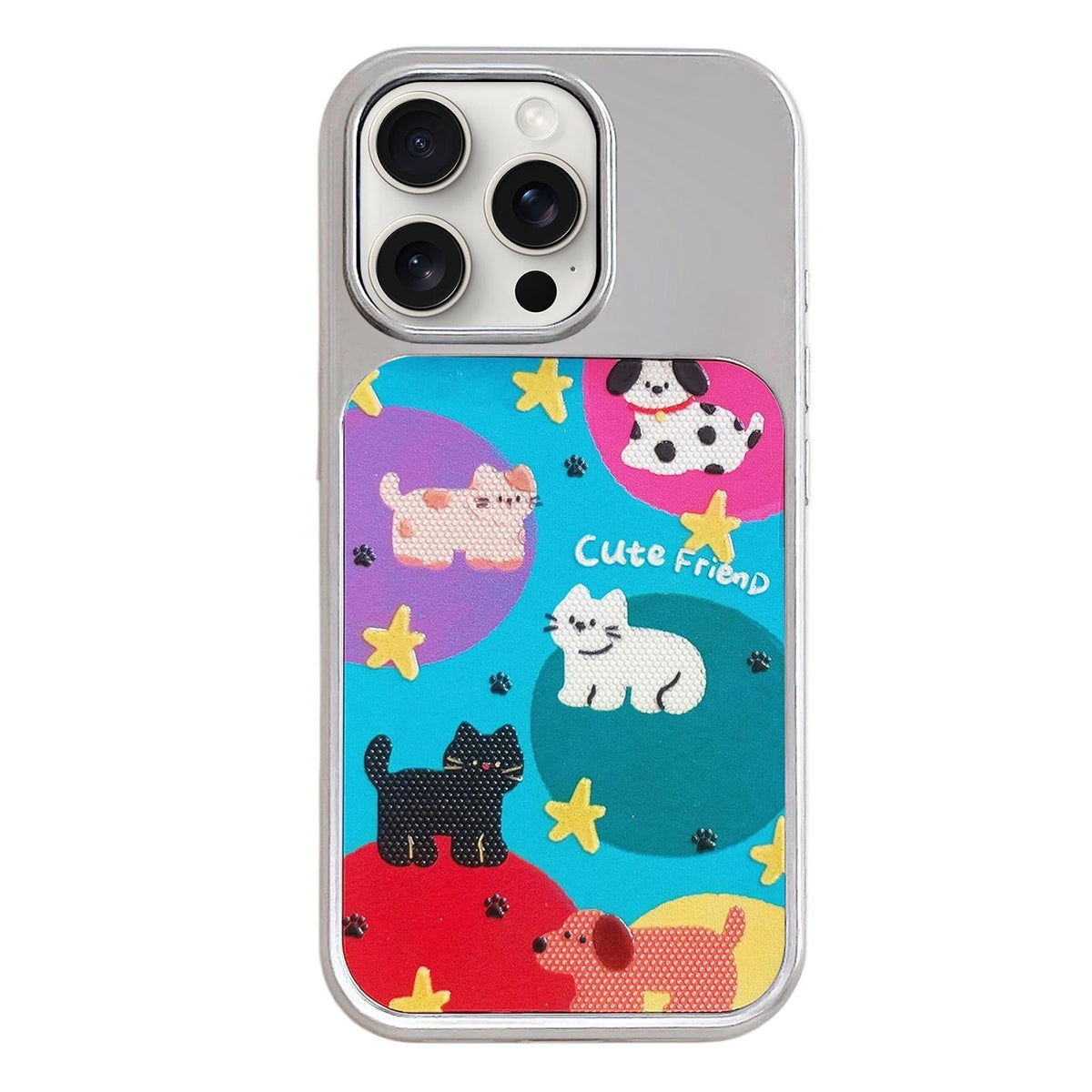 For iPhone 15 Pro Electroplated Silver Frame Glitter Embossed Phone Case - Colorful Animals - EDA009745008H