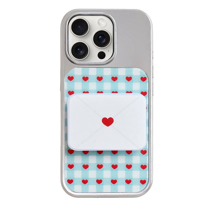 For iPhone 15 Pro Electroplated Silver Frame Glitter Embossed Phone Case - Plaid Heart - EDA009745008M