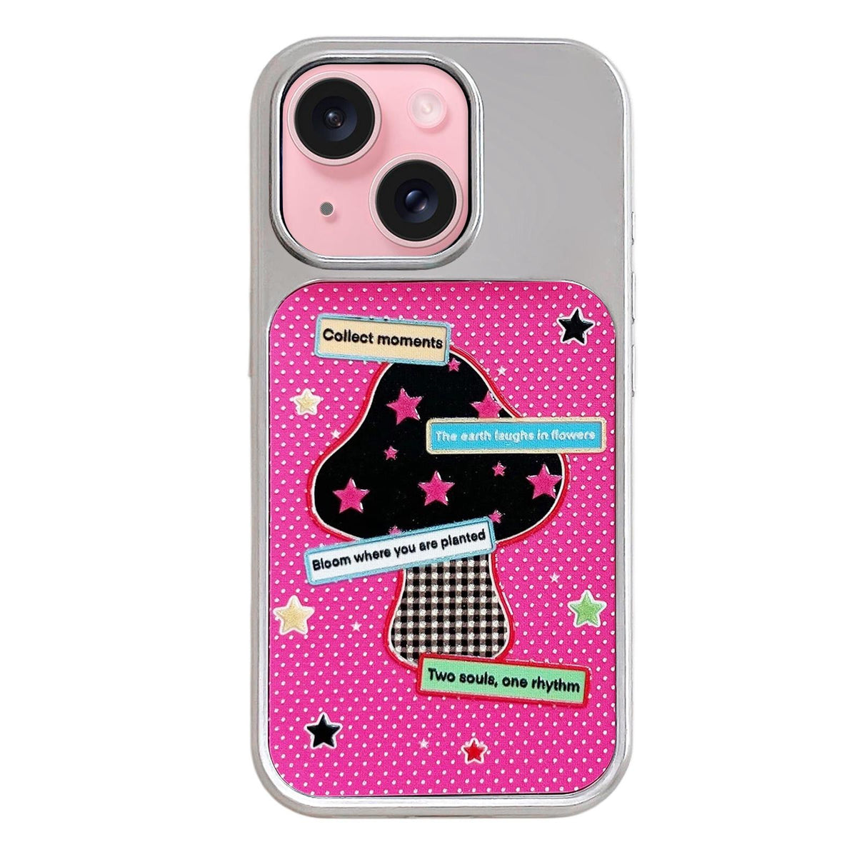 For iPhone 15 Electroplated Silver Frame Glitter Embossed Phone Case - Black Mushroom - EDA009745009B