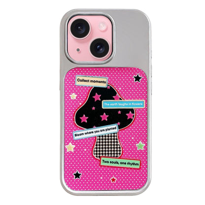 For iPhone 15 Electroplated Silver Frame Glitter Embossed Phone Case - Black Mushroom - EDA009745009B
