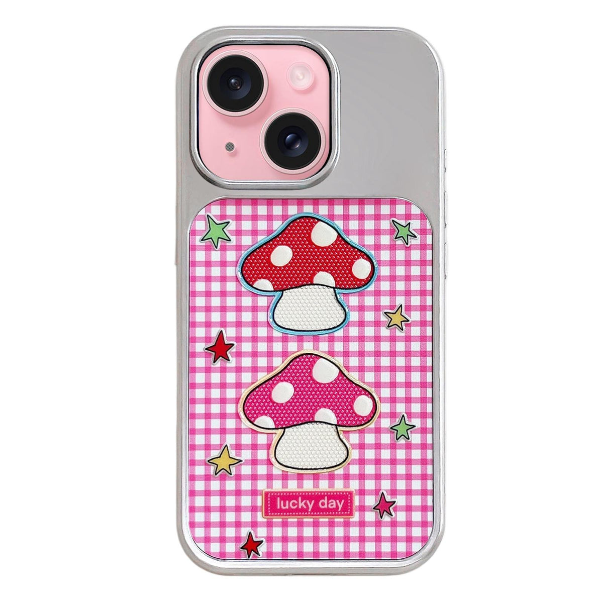 For iPhone 15 Electroplated Silver Frame Glitter Embossed Phone Case - Red Mushroom - EDA009745009C
