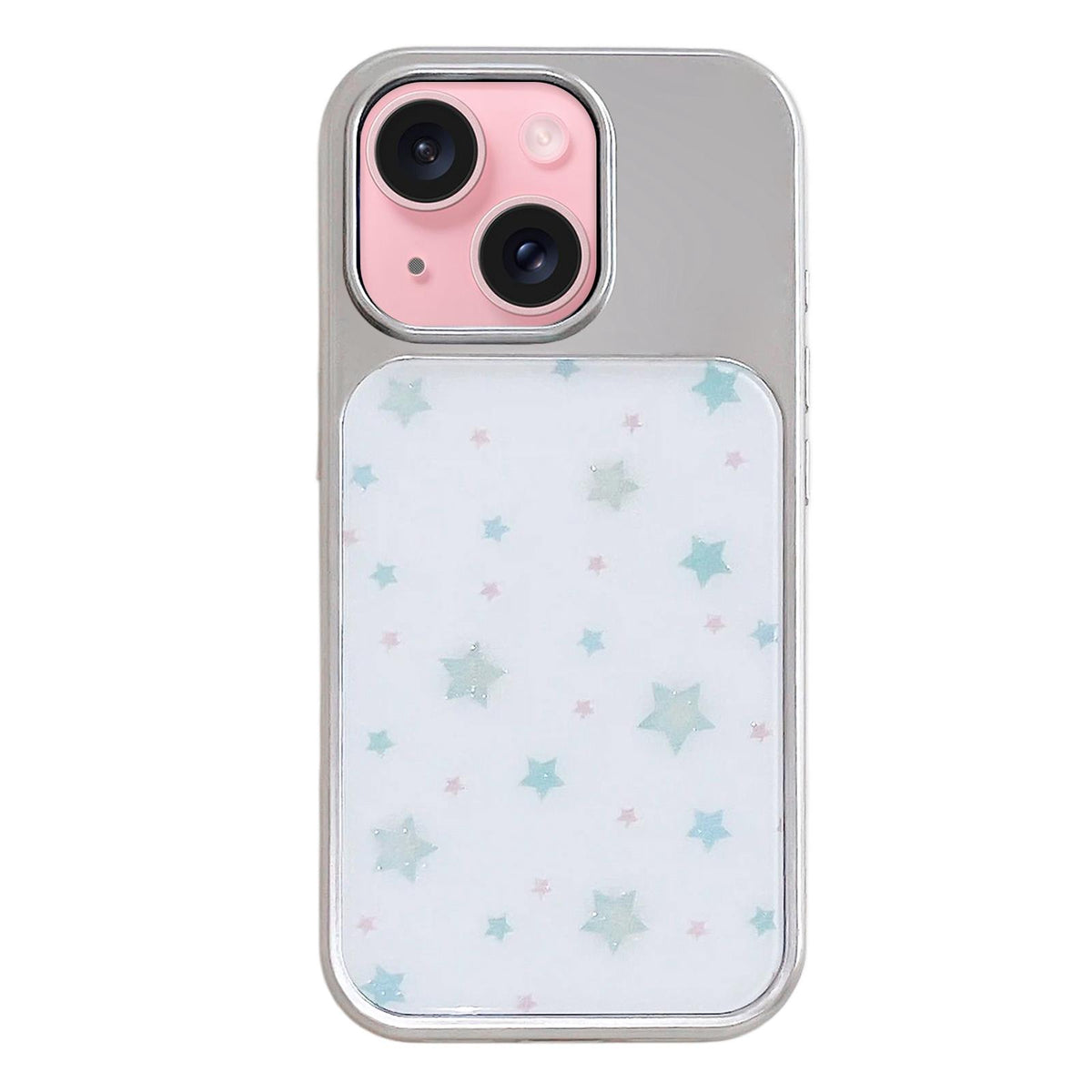 For iPhone 15 Electroplated Silver Frame Glitter Embossed Phone Case - Mint Green Star - EDA009745009D