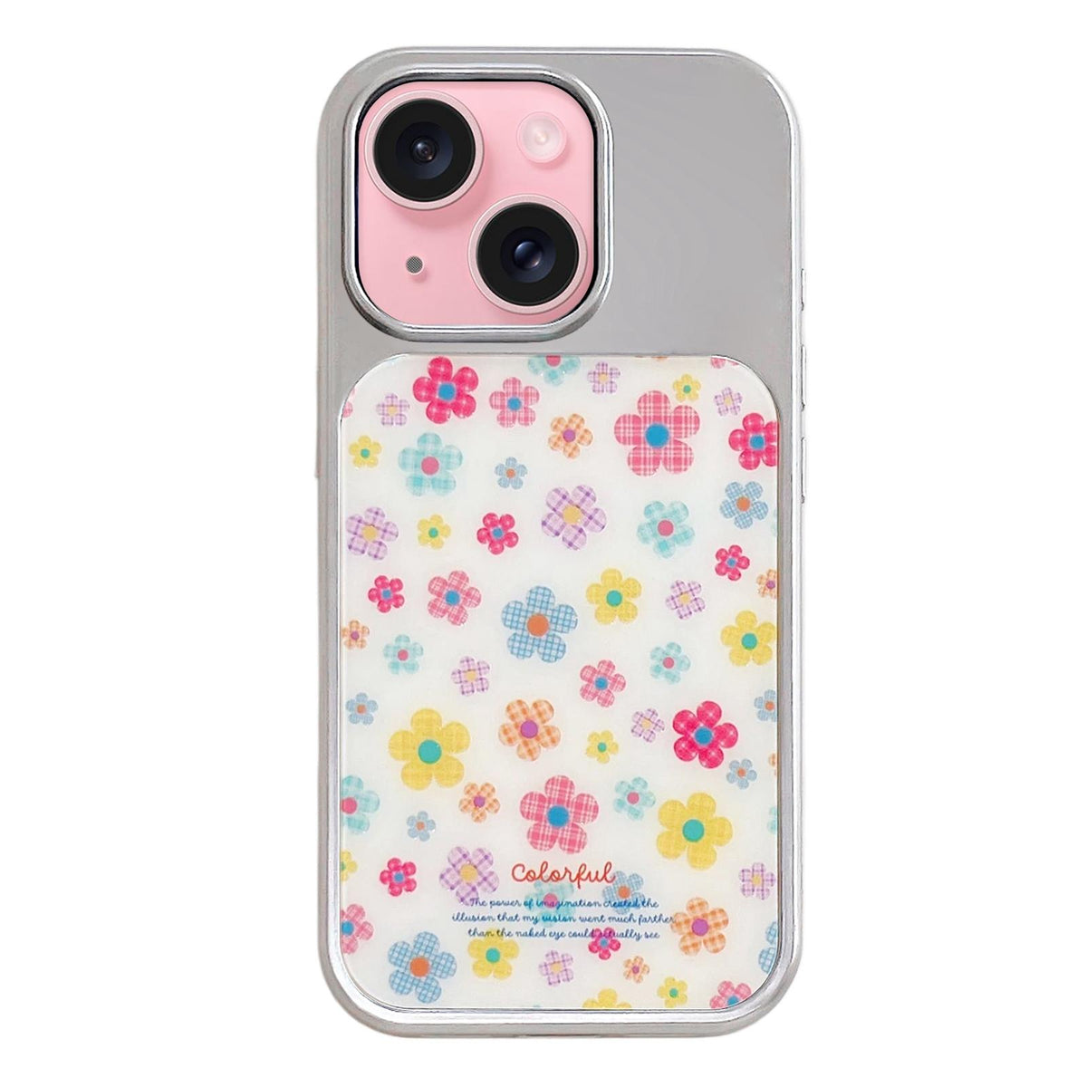 For iPhone 15 Electroplated Silver Frame Glitter Embossed Phone Case - Colorful Flowers - EDA009745009G
