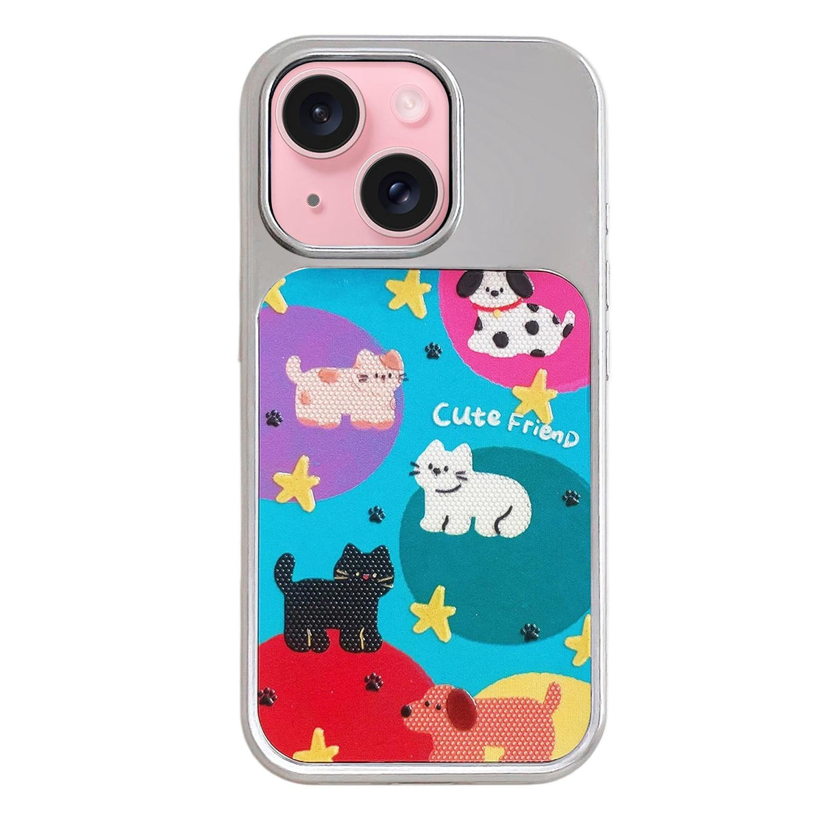 For iPhone 15 Electroplated Silver Frame Glitter Embossed Phone Case - Colorful Animals - EDA009745009H