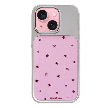 For iPhone 15 Electroplated Silver Frame Glitter Embossed Phone Case - Pink Background Stars - EDA009745009J