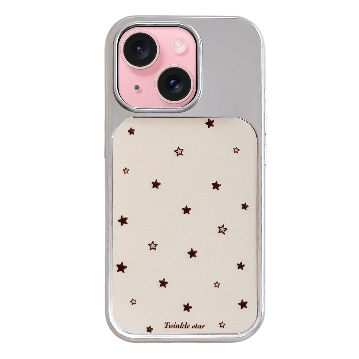For iPhone 15 Electroplated Silver Frame Glitter Embossed Phone Case - Yellow Background Stars - EDA009745009K