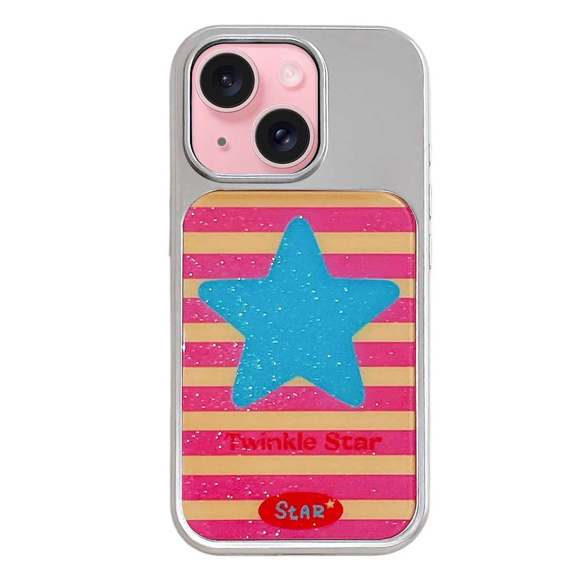 For iPhone 15 Electroplated Silver Frame Glitter Embossed Phone Case - Blue Stars - EDA009745009L