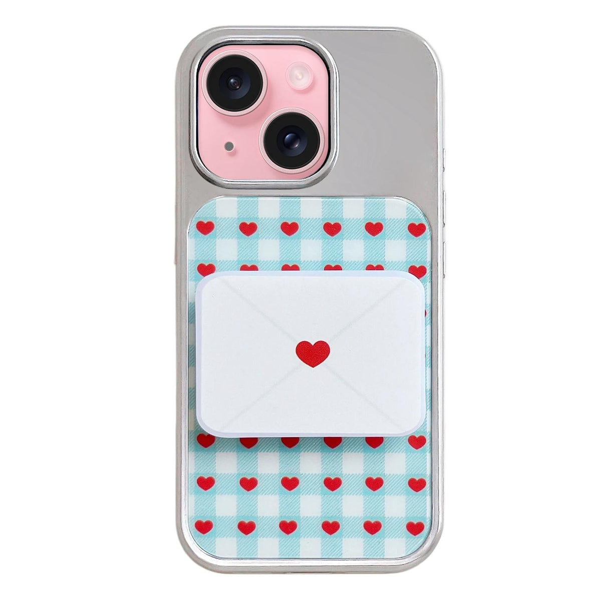 For iPhone 15 Electroplated Silver Frame Glitter Embossed Phone Case - Plaid Heart - EDA009745009M