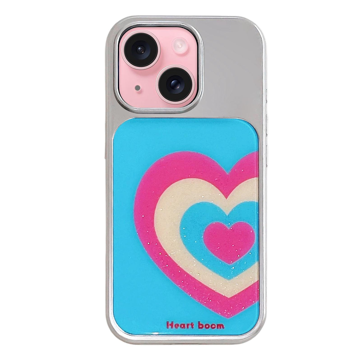 For iPhone 15 Electroplated Silver Frame Glitter Embossed Phone Case - Gradual Heart - EDA009745009N