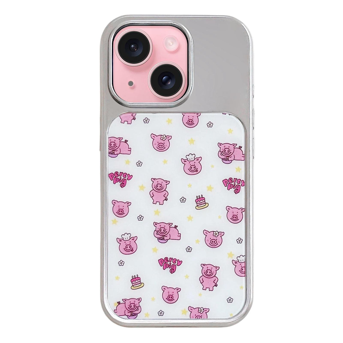 For iPhone 15 Electroplated Silver Frame Glitter Embossed Phone Case - Cute Pig - EDA009745009O