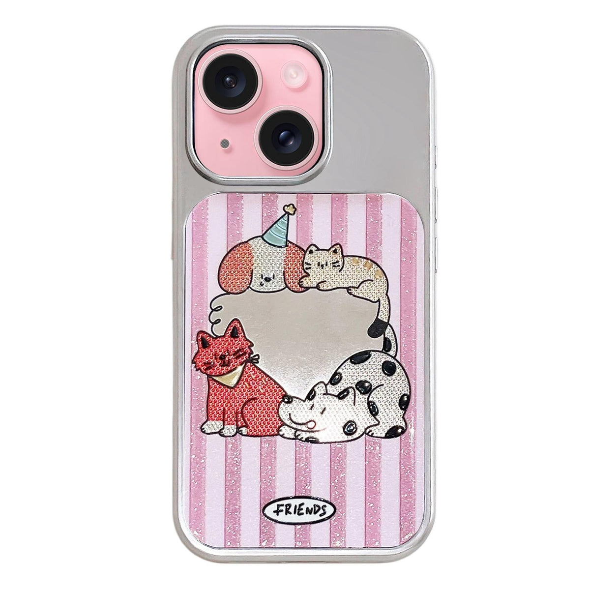 For iPhone 15 Electroplated Silver Frame Glitter Embossed Phone Case - Small Animal - EDA009745009P