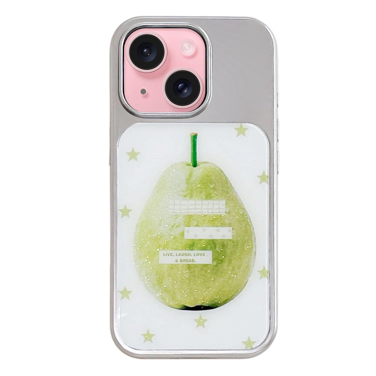 For iPhone 15 Electroplated Silver Frame Glitter Embossed Phone Case - Guava - EDA009745009Q