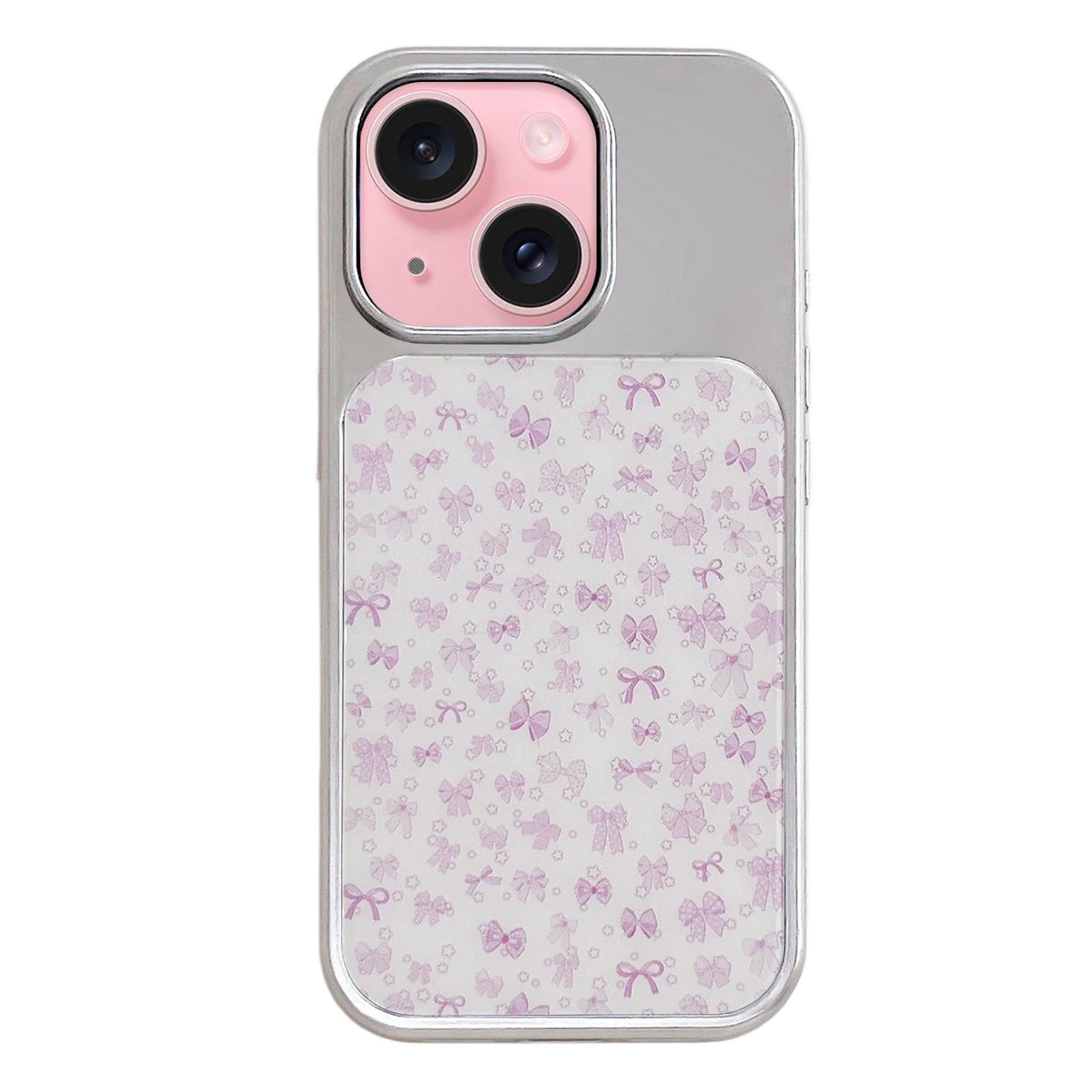 For iPhone 15 Electroplated Silver Frame Glitter Embossed Phone Case - Purple Bow - EDA009745009R
