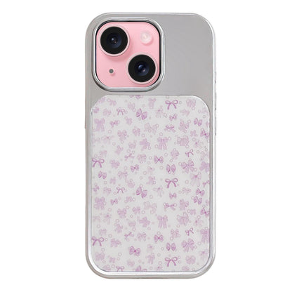 For iPhone 15 Electroplated Silver Frame Glitter Embossed Phone Case - Purple Bow - EDA009745009R