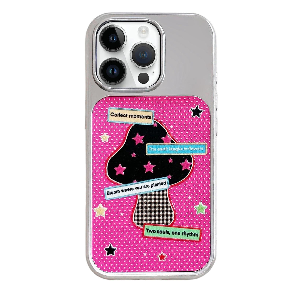 For iPhone 14 Pro Electroplated Silver Frame Glitter Embossed Phone Case - Black Mushroom - EDA009745010B