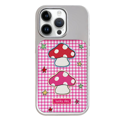 For iPhone 14 Pro Electroplated Silver Frame Glitter Embossed Phone Case - Red Mushroom - EDA009745010C