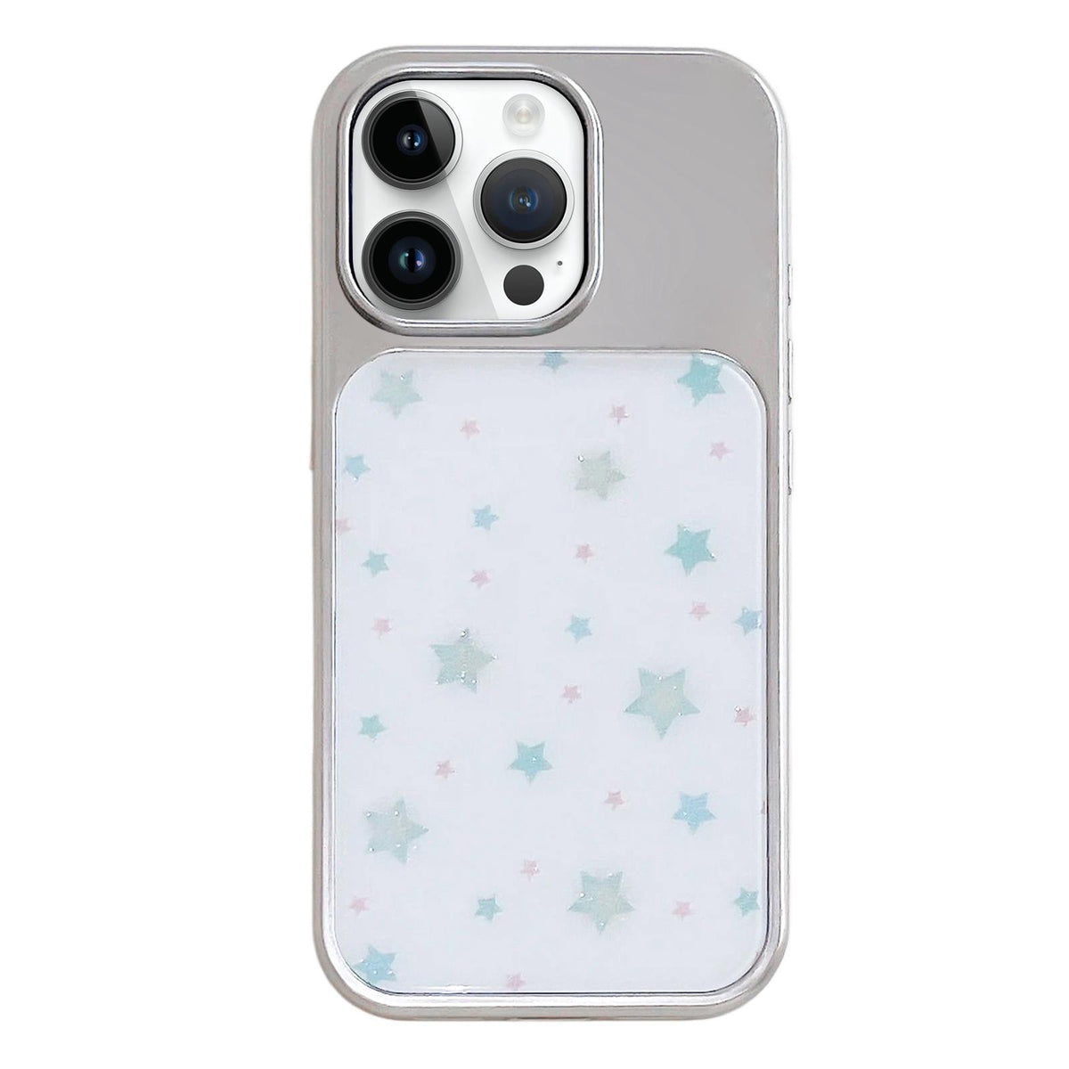 For iPhone 14 Pro Electroplated Silver Frame Glitter Embossed Phone Case - Mint Green Star - EDA009745010D