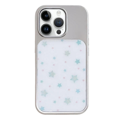 For iPhone 14 Pro Electroplated Silver Frame Glitter Embossed Phone Case - Mint Green Star - EDA009745010D