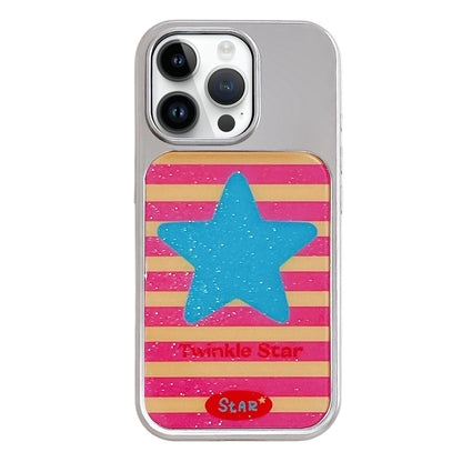 For iPhone 14 Pro Electroplated Silver Frame Glitter Embossed Phone Case - Blue Stars - EDA009745010L