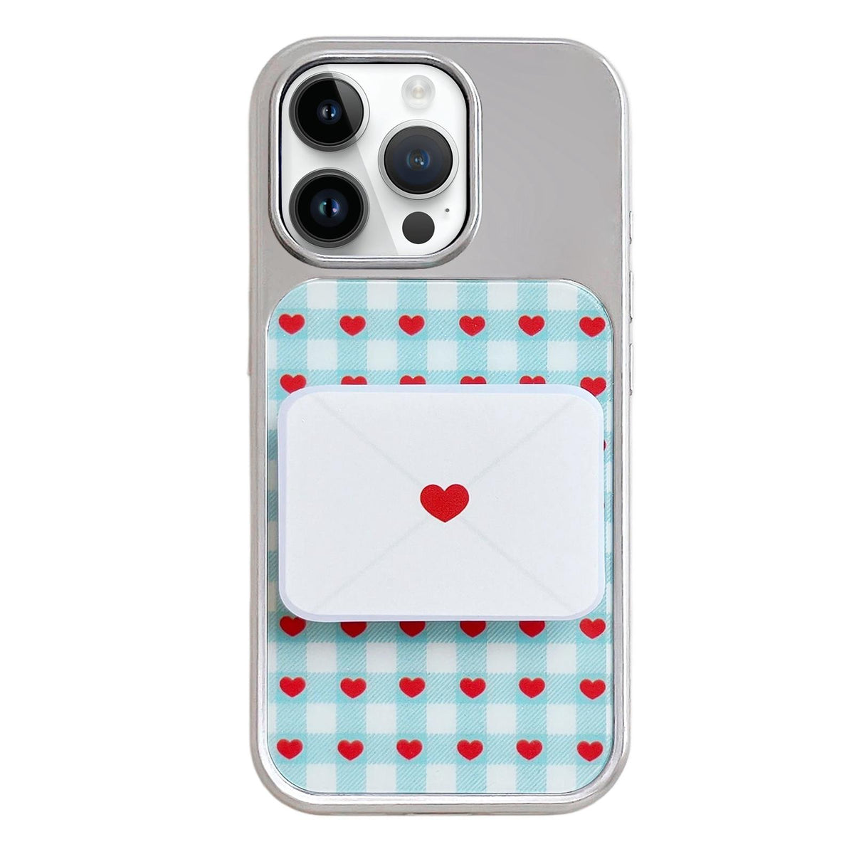 For iPhone 14 Pro Electroplated Silver Frame Glitter Embossed Phone Case - Plaid Heart - EDA009745010M