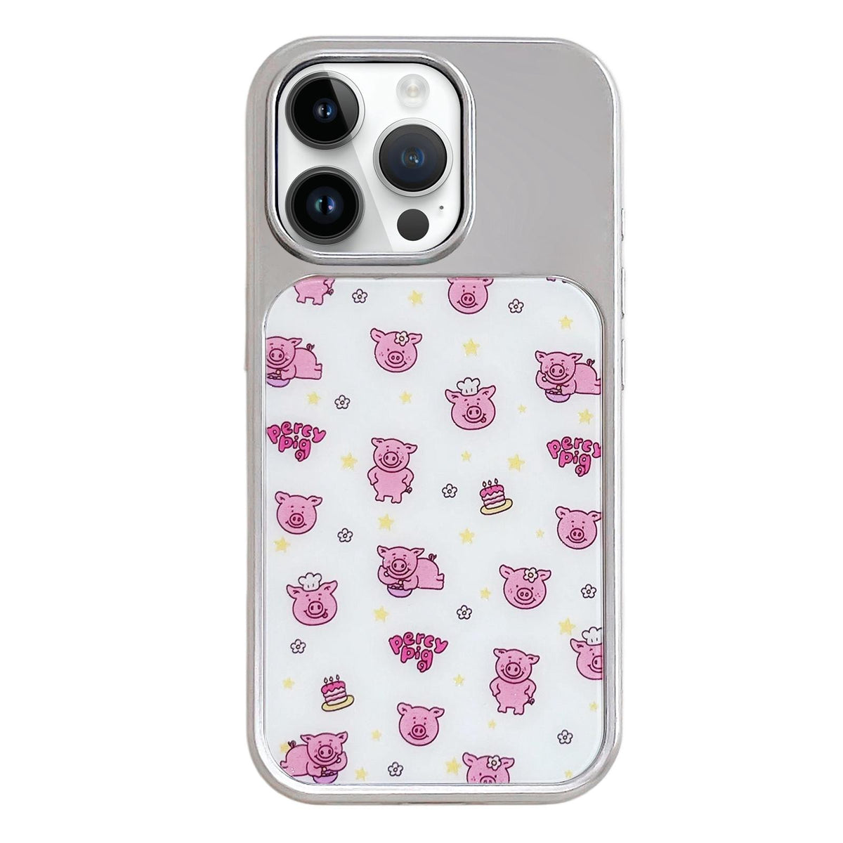 For iPhone 14 Pro Electroplated Silver Frame Glitter Embossed Phone Case - Cute Pig - EDA009745010O