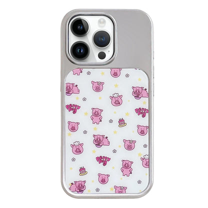 For iPhone 14 Pro Electroplated Silver Frame Glitter Embossed Phone Case - Cute Pig - EDA009745010O