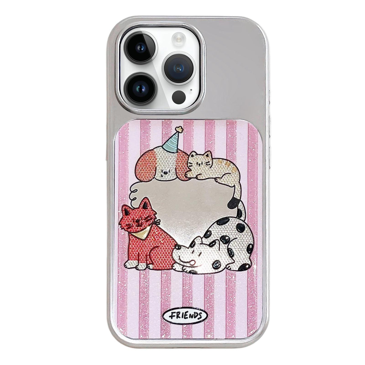 For iPhone 14 Pro Electroplated Silver Frame Glitter Embossed Phone Case - Small Animal - EDA009745010P
