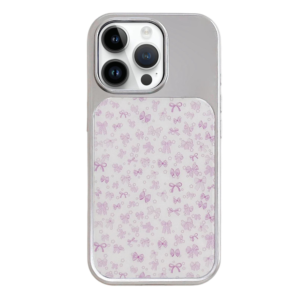 For iPhone 14 Pro Electroplated Silver Frame Glitter Embossed Phone Case - Purple Bow - EDA009745010R