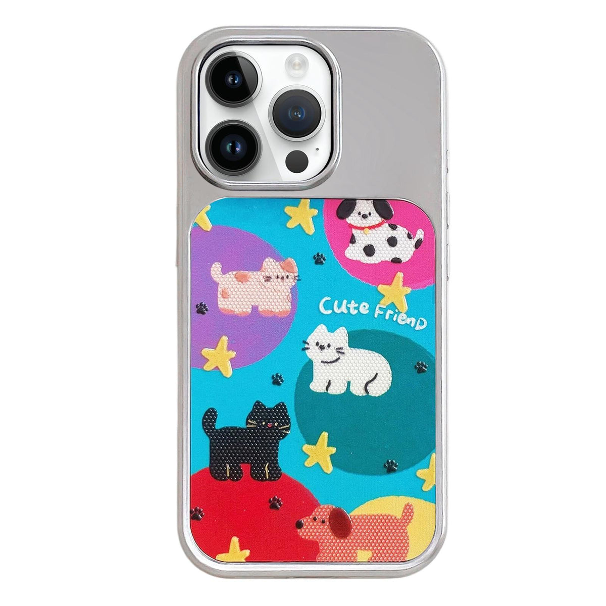 For iPhone 14 Pro Max Electroplated Silver Frame Glitter Embossed Phone Case - Colorful Animals - EDA009745011H