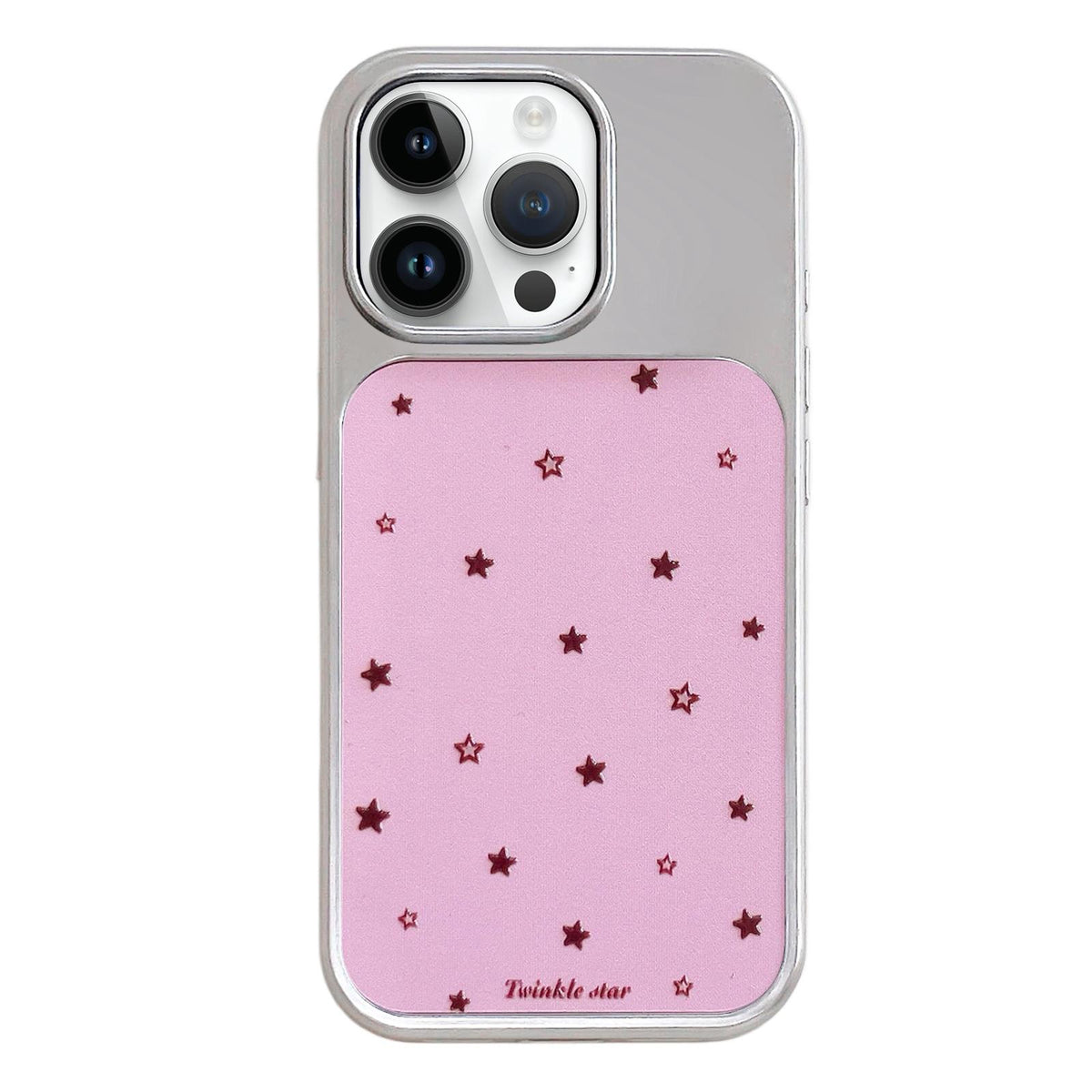 For iPhone 14 Pro Max Electroplated Silver Frame Glitter Embossed Phone Case - Pink Background Stars - EDA009745011J