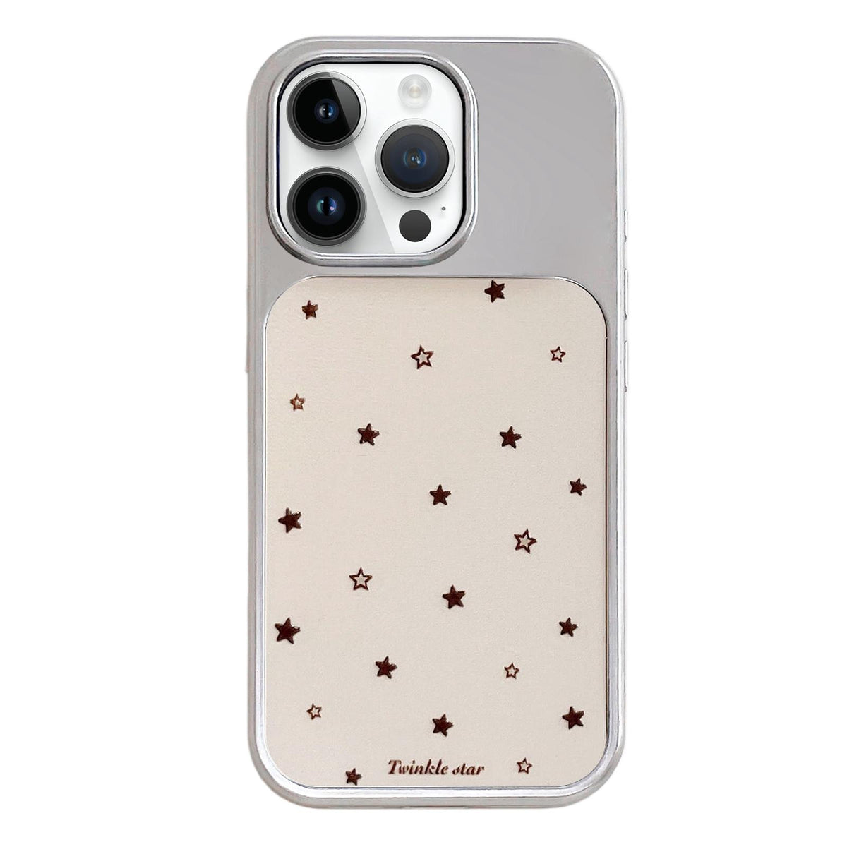 For iPhone 14 Pro Max Electroplated Silver Frame Glitter Embossed Phone Case - Yellow Background Stars - EDA009745011K
