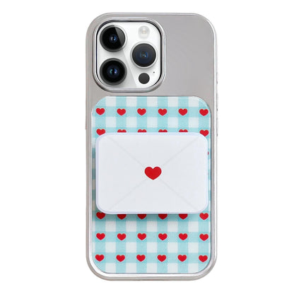 For iPhone 14 Pro Max Electroplated Silver Frame Glitter Embossed Phone Case - Plaid Heart - EDA009745011M