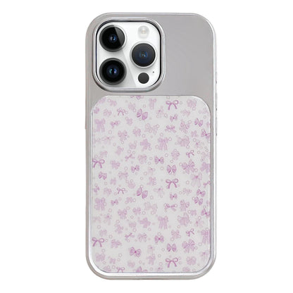 For iPhone 14 Pro Max Electroplated Silver Frame Glitter Embossed Phone Case - Purple Bow - EDA009745011R