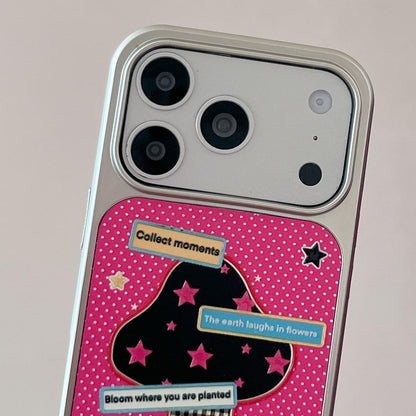 For iPhone 13 / 14 Electroplated Silver Frame Glitter Embossed Phone Case - Pink Background Stars - EDA009745001J
