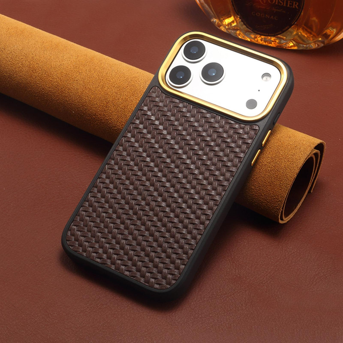 For iPhone 18 Pro / 17 Pro Denior A26+1 Leather Woven Twill Texture Phone Case - Brown - EDA009745202C