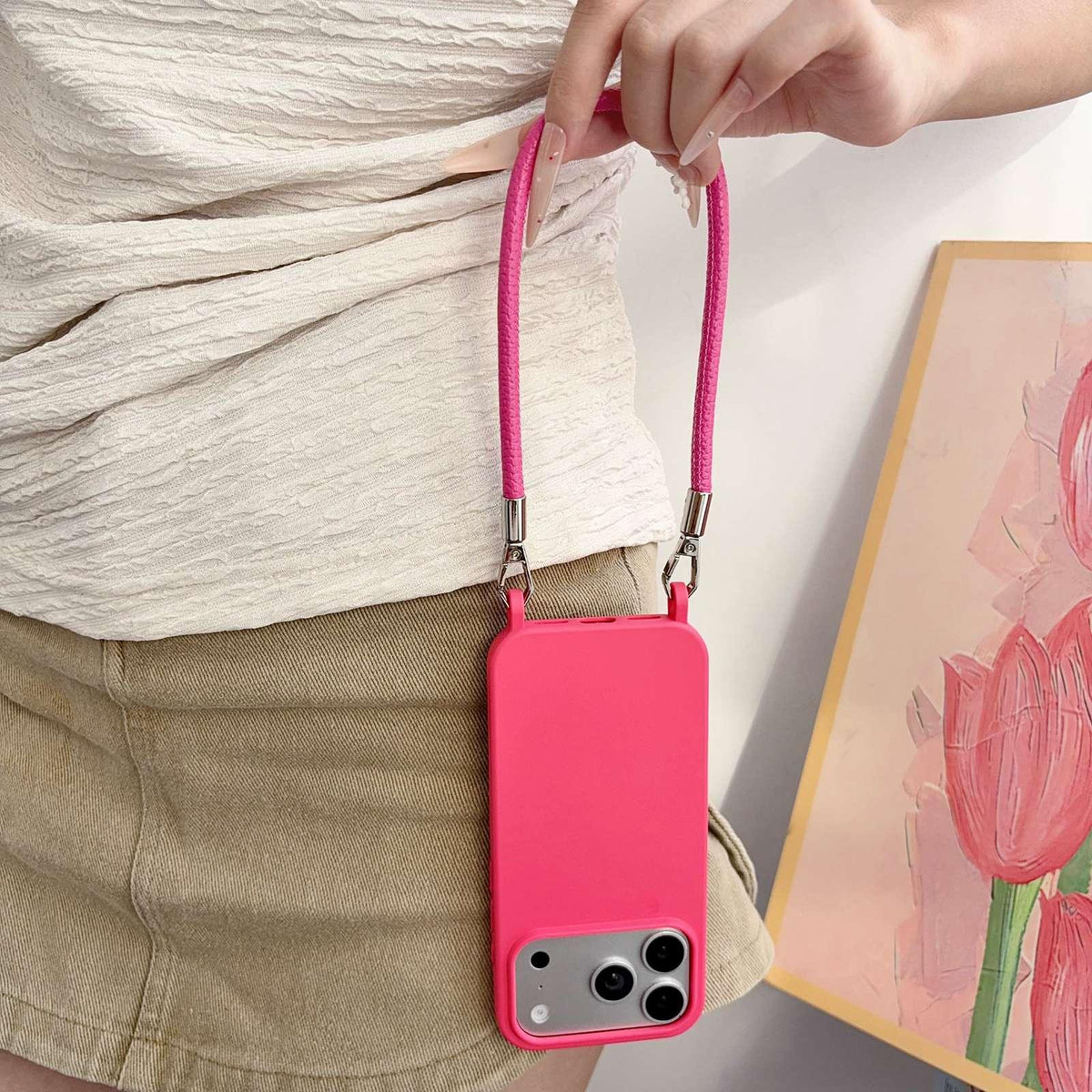 For iPhone 17 Pro Max Integrated Lanyard Loops Shockproof Silicone Phone Case with Leather Hand Lanyard - Red - EDA009745901A