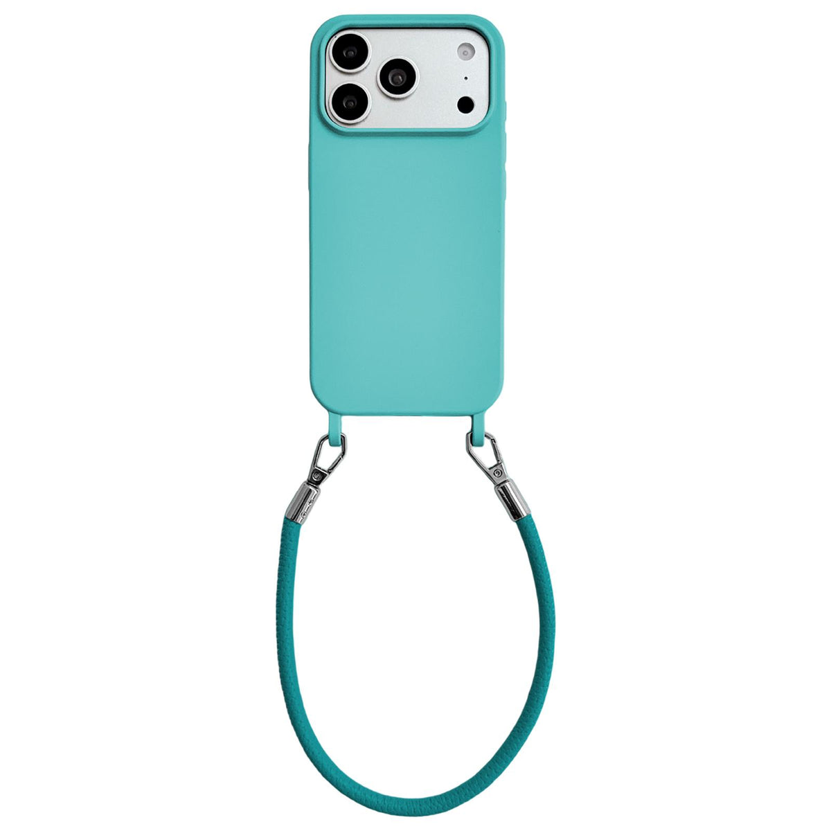For iPhone 17 Pro Max Integrated Lanyard Loops Shockproof Silicone Phone Case with Leather Hand Lanyard - Light Blue - EDA009745901B