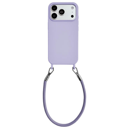 For iPhone 17 Pro Max Integrated Lanyard Loops Shockproof Silicone Phone Case with Leather Hand Lanyard - Purple - EDA009745901D
