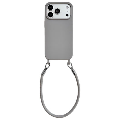 For iPhone 17 Pro Max Integrated Lanyard Loops Shockproof Silicone Phone Case with Leather Hand Lanyard - Gray - EDA009745901K