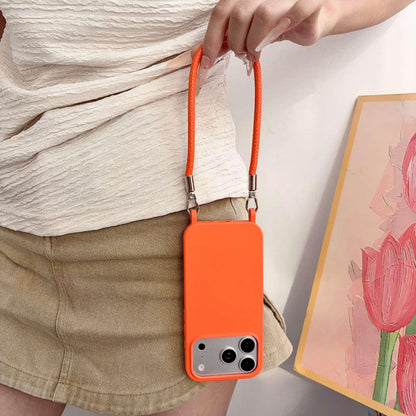 For iPhone 17 Pro Max Integrated Lanyard Loops Shockproof Silicone Phone Case with Leather Hand Lanyard - Orange - EDA009745901R