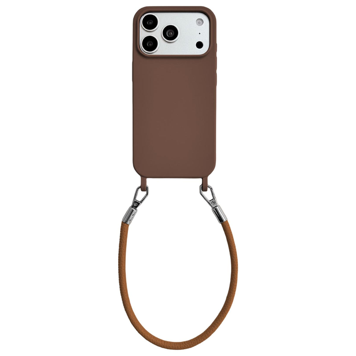 For iPhone 17 Pro Integrated Lanyard Loops Shockproof Silicone Phone Case with Leather Hand Lanyard - Coffee - EDA009745902C