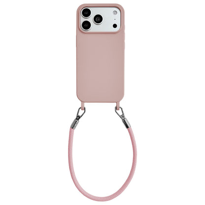 For iPhone 17 Pro Integrated Lanyard Loops Shockproof Silicone Phone Case with Leather Hand Lanyard - Pink - EDA009745902E