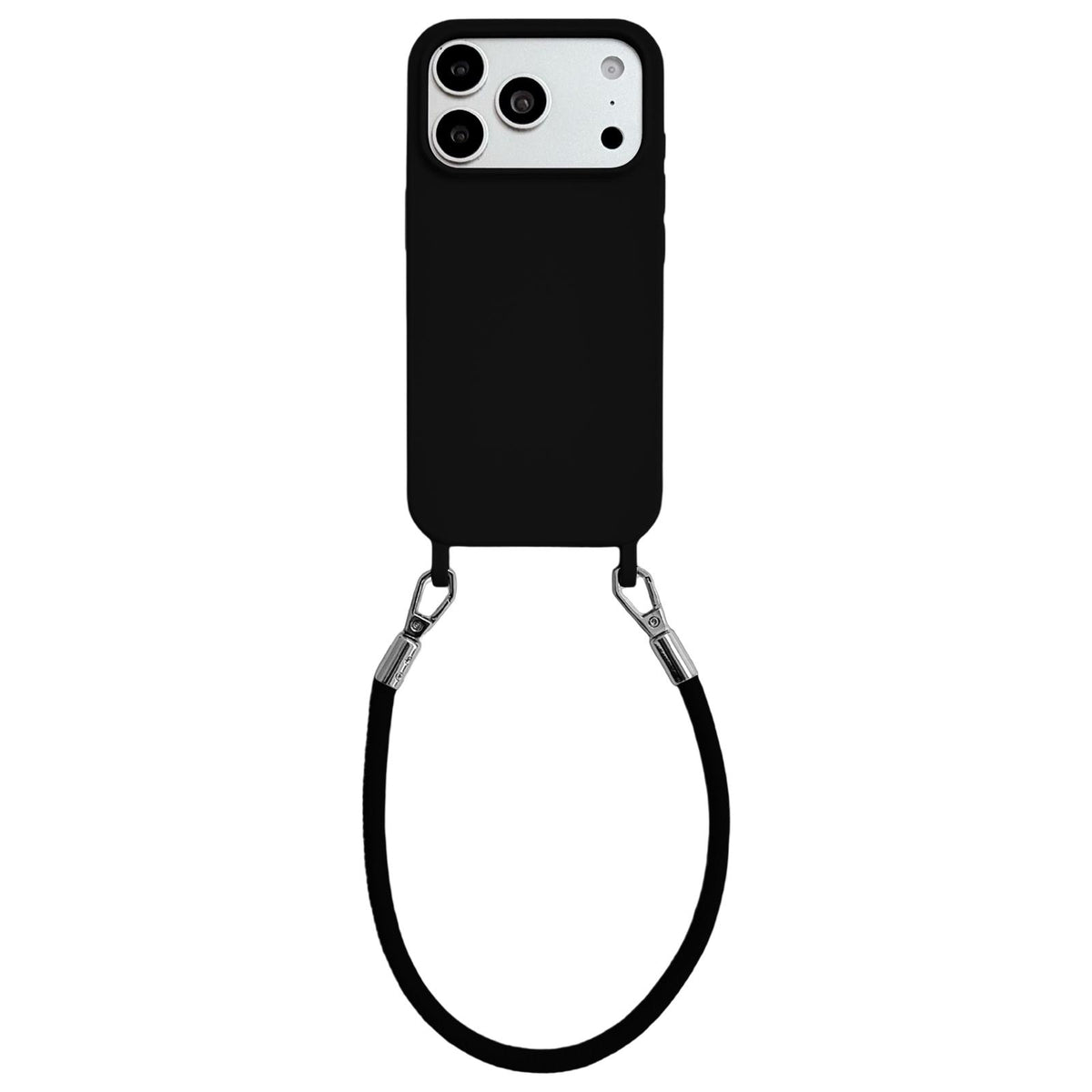 For iPhone 17 Pro Integrated Lanyard Loops Shockproof Silicone Phone Case with Leather Hand Lanyard - Black - EDA009745902F